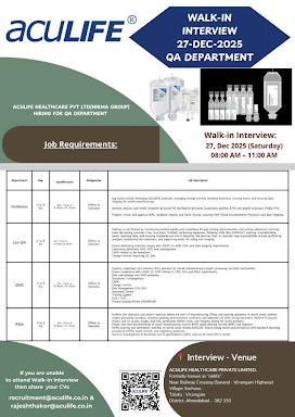 Walk-in Interview at Aculife Healthcare | QA Dept | Dec 27, 2025